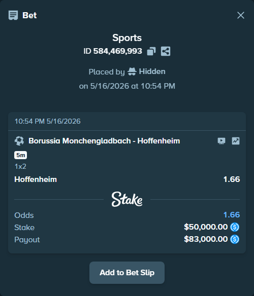 Bet slip: Borussia Monchengladbach - Hoffenheim, $50,000.00 stake at 1.66 odds, placed by Hidden