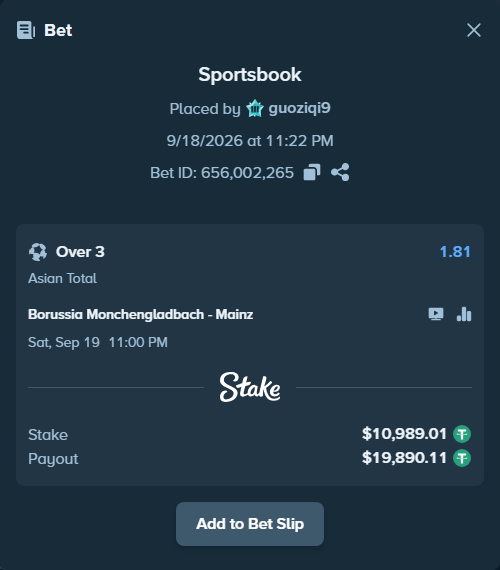 Bet slip: Borussia Monchengladbach - Mainz, $11,000.00 stake at 1.81 odds, placed by guoziqi9