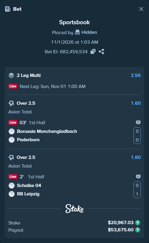 Bet slip: Borussia Monchengladbach - Paderborn, $20,988.00 stake at 1.60 odds, placed by tlwns4736