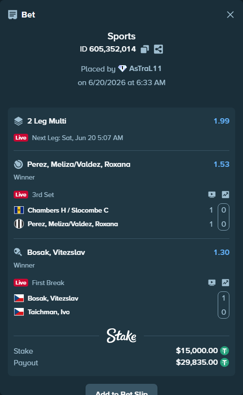 Bet slip: Bosak, Vitezslav - Taichman, Ivo, $15,015.00 stake at 1.30 odds, placed by AsTraL11