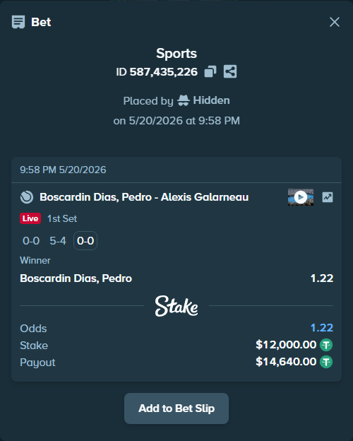 Bet slip: Boscardin Dias, Pedro - Alexis Galarneau, $12,012.00 stake at 1.22 odds, placed by Hidden