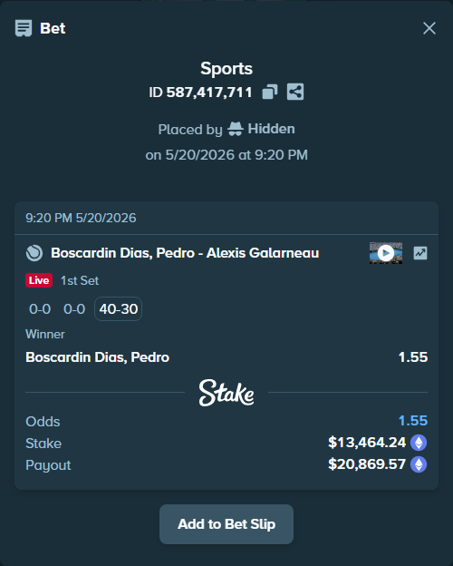 Bet slip: Boscardin Dias, Pedro - Alexis Galarneau, $10,978.57 stake at 1.55 odds, placed by Hidden