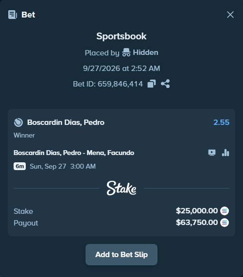 Bet slip: Boscardin Dias, Pedro - Mena, Facundo, $24,926.93 stake at 2.55 odds, placed by Hidden