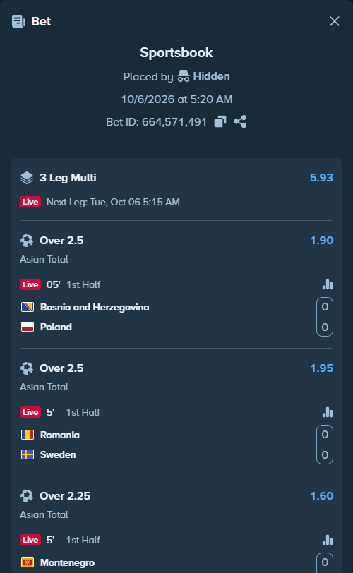 Bet slip: Bosnia and Herzegovina - Poland, $10,000.00 stake at 1.90 odds, placed by Hidden