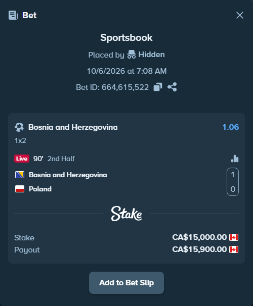 Bet slip: Bosnia and Herzegovina - Poland, $11,100.00 stake at 1.06 odds, placed by Hidden
