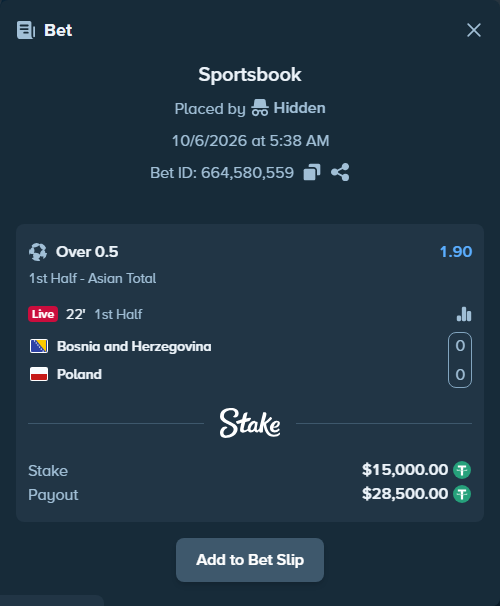 Bet slip: Bosnia and Herzegovina - Poland, $15,000.00 stake at 1.90 odds, placed by Hidden