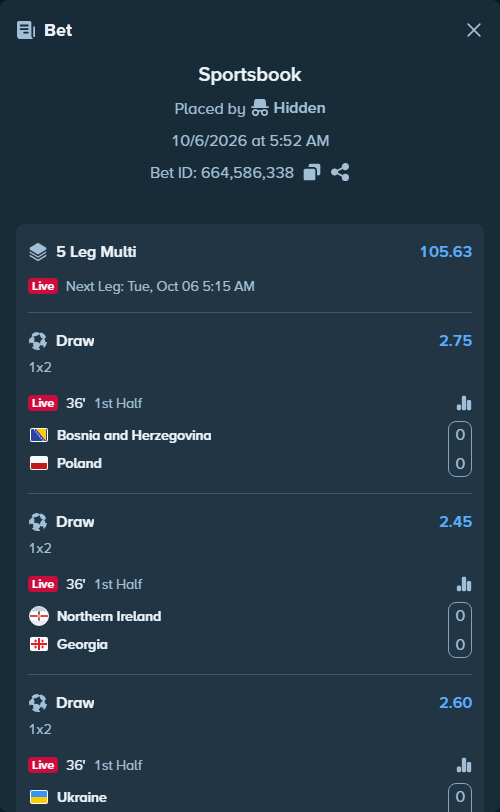 Bet slip: Bosnia and Herzegovina - Poland, $25,000.00 stake at 2.75 odds, placed by Hidden
