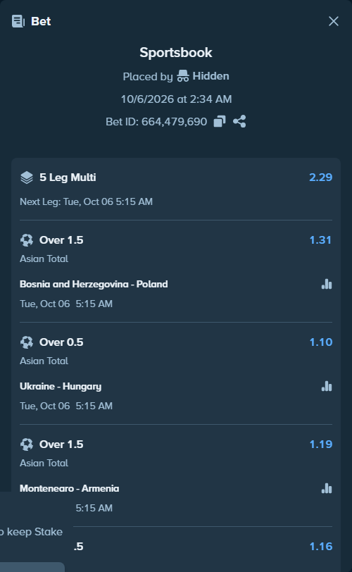 Bet slip: Bosnia and Herzegovina - Poland, $50,505.00 stake at 1.31 odds, placed by SH7N28