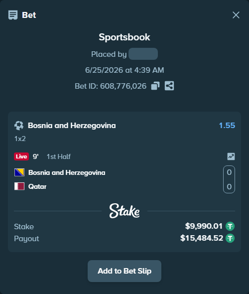 Bet slip: Bosnia and Herzegovina - Qatar, $10,000.00 stake at 1.55 odds, placed by Raja6457