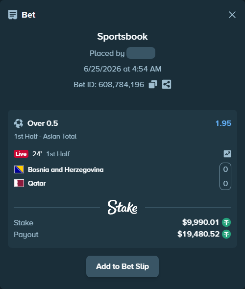 Bet slip: Bosnia and Herzegovina - Qatar, $10,000.00 stake at 1.95 odds, placed by jogaco92