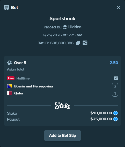 Bet slip: Bosnia and Herzegovina - Qatar, $10,000.00 stake at 2.50 odds, placed by Hidden