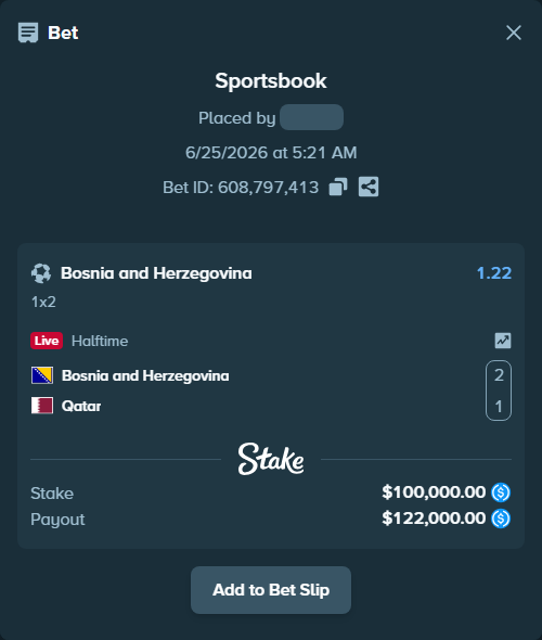 Bet slip: Bosnia and Herzegovina - Qatar, $100,000.00 stake at 1.22 odds, placed by Hasse5