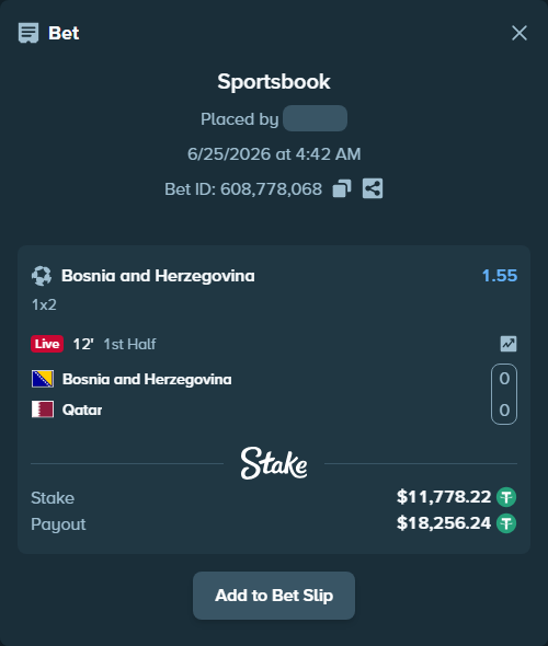 Bet slip: Bosnia and Herzegovina - Qatar, $11,790.00 stake at 1.55 odds, placed by petterblom