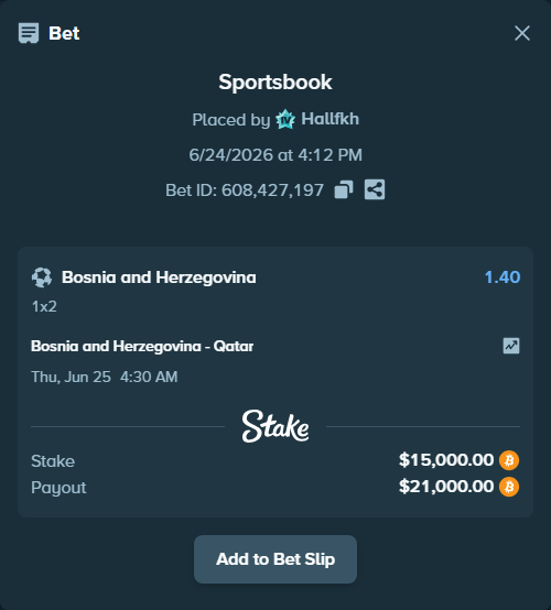 Bet slip: Bosnia and Herzegovina - Qatar, $15,370.22 stake at 1.40 odds, placed by Hallfkh