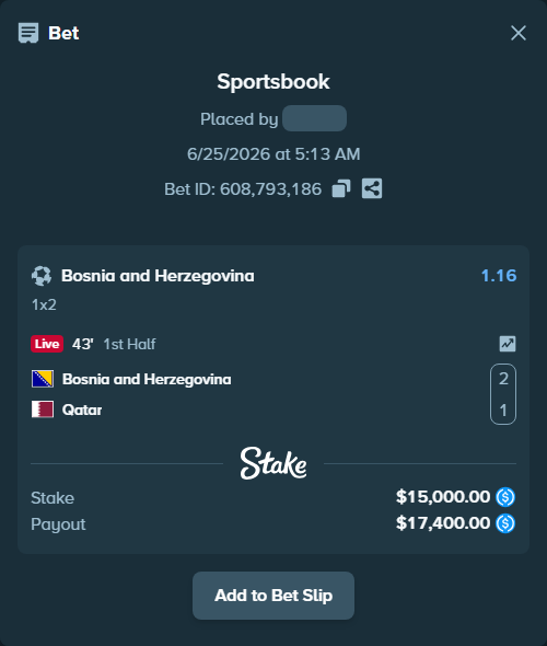 Bet slip: Bosnia and Herzegovina - Qatar, $15,000.00 stake at 1.16 odds, placed by Igorko999