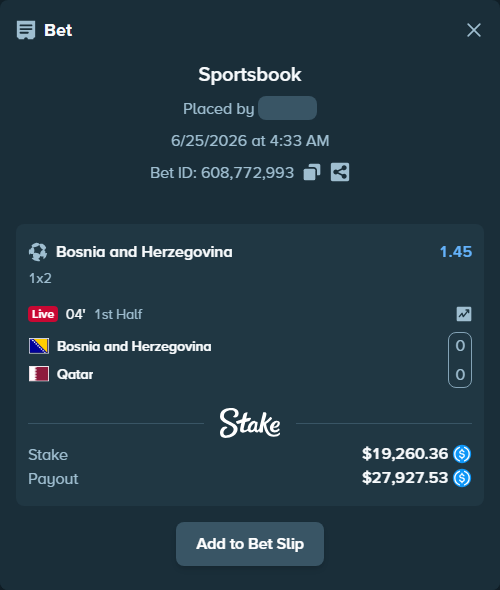 Bet slip: Bosnia and Herzegovina - Qatar, $19,260.36 stake at 1.45 odds, placed by Vicceforb