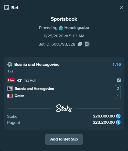 Bet slip: Bosnia and Herzegovina - Qatar, $20,000.00 stake at 1.16 odds, placed by Henningsabo