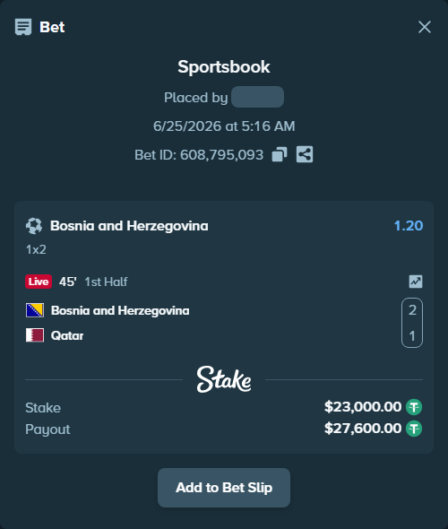 Bet slip: Bosnia and Herzegovina - Qatar, $23,023.00 stake at 1.20 odds, placed by Enghandreas