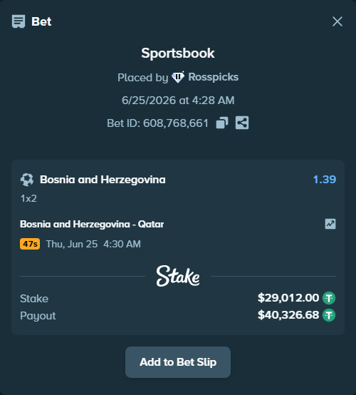 Bet slip: Bosnia and Herzegovina - Qatar, $29,041.01 stake at 1.39 odds, placed by Rosspicks