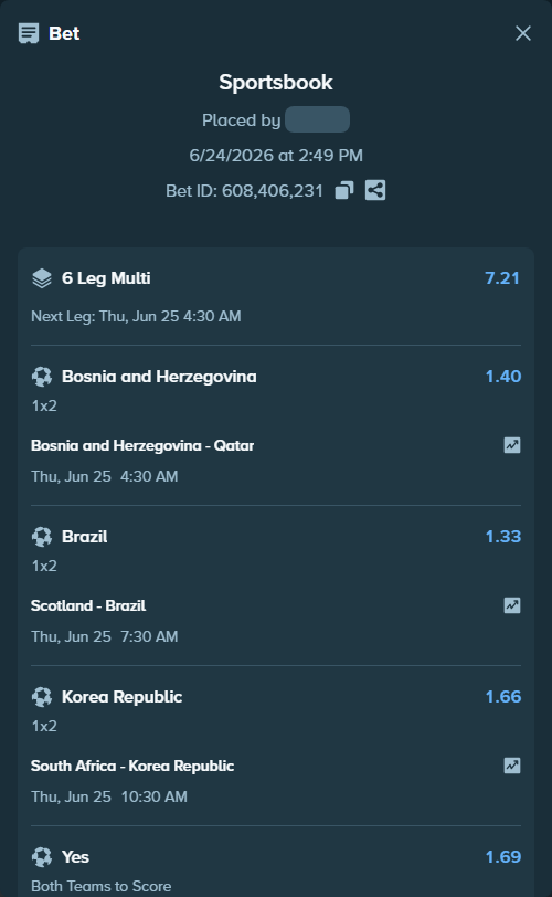 Bet slip: Bosnia and Herzegovina - Qatar, $362,500.00 stake at 1.40 odds, placed by Dekourouba13