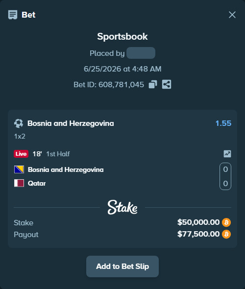 Bet slip: Bosnia and Herzegovina - Qatar, $49,282.72 stake at 1.55 odds, placed by Jossgus