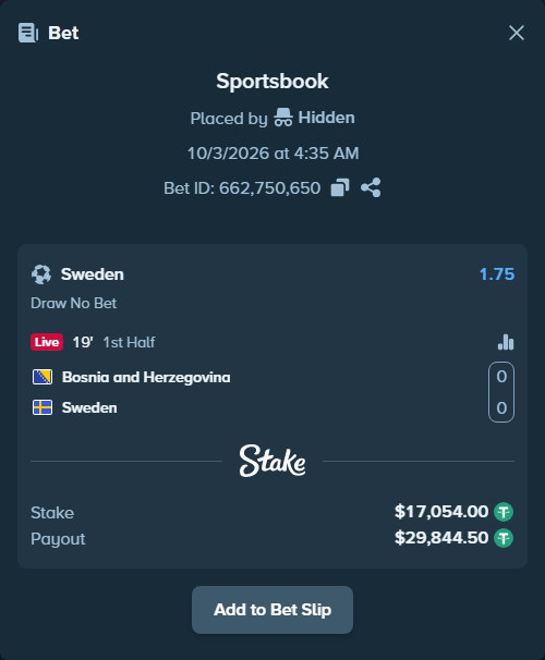 Bet slip: Bosnia and Herzegovina - Sweden, $17,054.00 stake at 1.75 odds, placed by Othmane2kiks