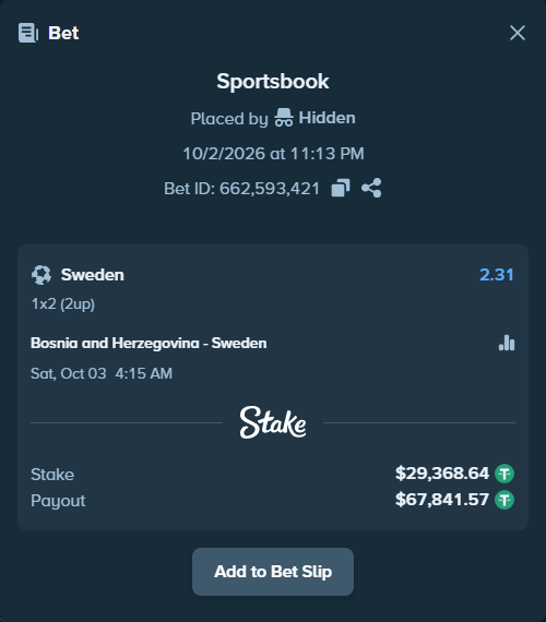 Bet slip: Bosnia and Herzegovina - Sweden, $29,368.64 stake at 2.31 odds, placed by DMNTE96