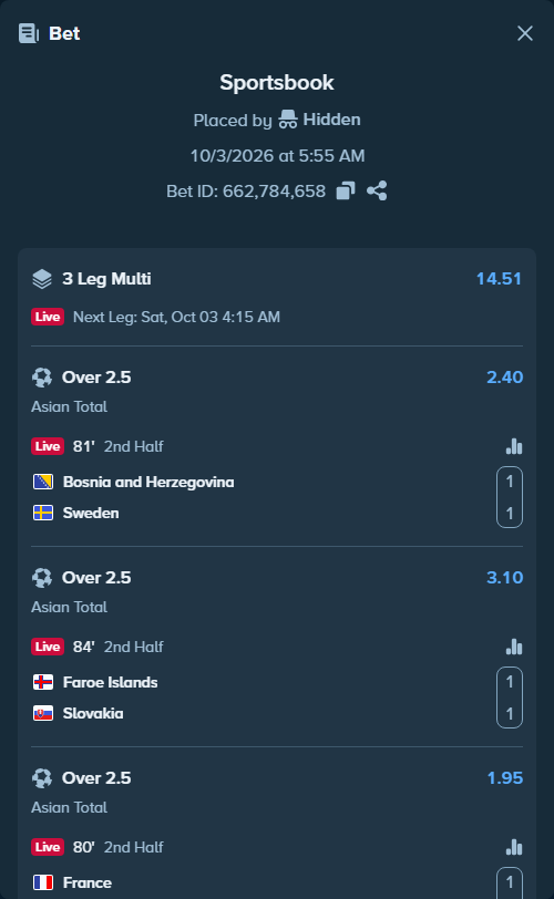 Bet slip: Bosnia and Herzegovina - Sweden, $50,000.00 stake at 2.40 odds, placed by Hidden