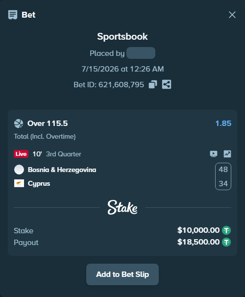 Bet slip: Bosnia & Herzegovina - Cyprus, $10,010.00 stake at 1.85 odds, placed by Kriski99