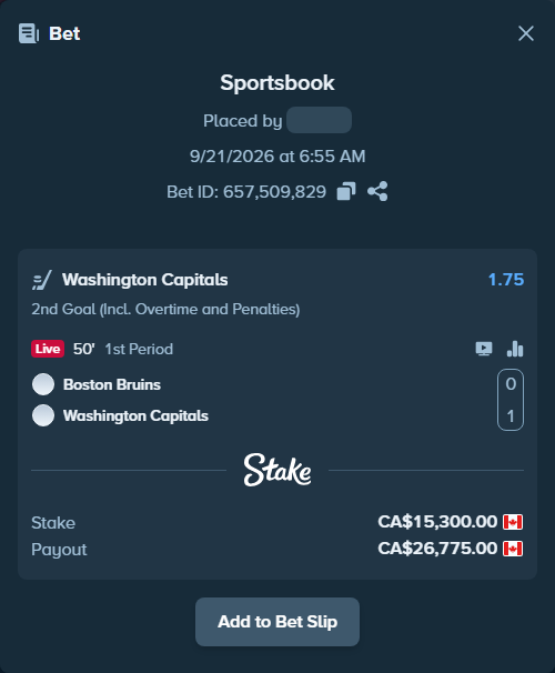 Bet slip: Boston Bruins - Washington Capitals, $11,322.00 stake at 1.75 odds, placed by BHseh77