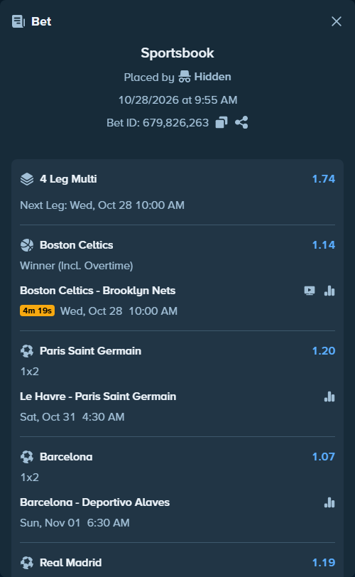 Bet slip: Boston Celtics - Brooklyn Nets, $10,011.00 stake at 1.14 odds, placed by Maxprof