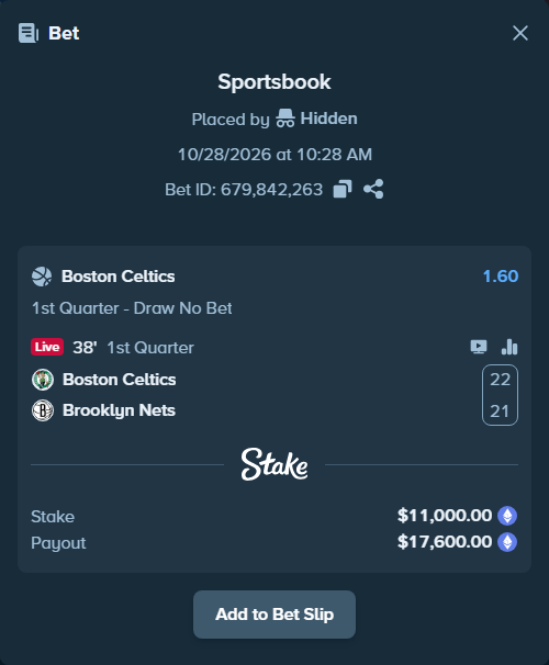 Bet slip: Boston Celtics - Brooklyn Nets, $10,955.41 stake at 1.60 odds, placed by lingsar61