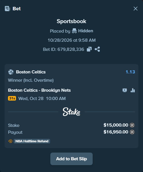 Bet slip: Boston Celtics - Brooklyn Nets, $15,056.26 stake at 1.13 odds, placed by Hidden