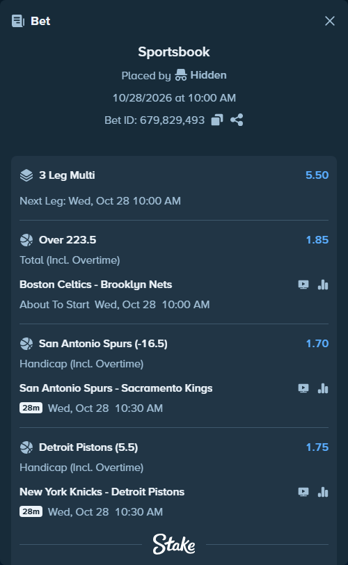 Bet slip: Boston Celtics - Brooklyn Nets, $17,792.76 stake at 1.85 odds, placed by SyztmzTV