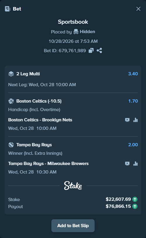 Bet slip: Boston Celtics - Brooklyn Nets, $22,630.30 stake at 1.70 odds, placed by 3억죽음
