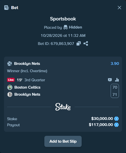 Bet slip: Boston Celtics - Brooklyn Nets, $30,000.00 stake at 3.90 odds, placed by Hidden