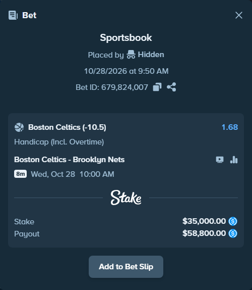 Bet slip: Boston Celtics - Brooklyn Nets, $35,000.00 stake at 1.68 odds, placed by Hidden
