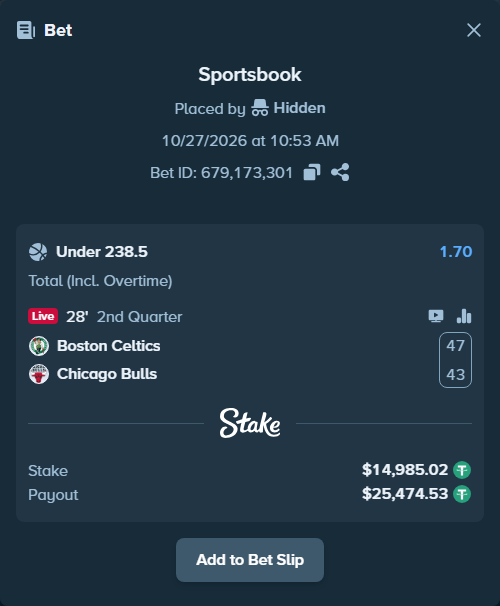 Bet slip: Boston Celtics - Chicago Bulls, $15,000.00 stake at 1.70 odds, placed by Hidden