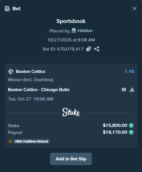 Bet slip: Boston Celtics - Chicago Bulls, $15,815.80 stake at 1.15 odds, placed by pifkopriss