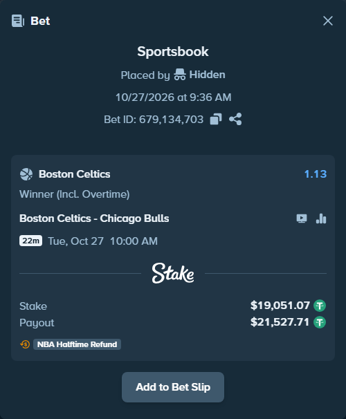 Bet slip: Boston Celtics - Chicago Bulls, $19,070.12 stake at 1.13 odds, placed by Hidden