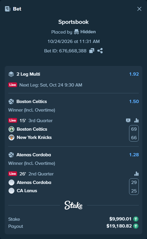 Bet slip: Boston Celtics - New York Knicks, $10,000.00 stake at 1.50 odds, placed by duman6
