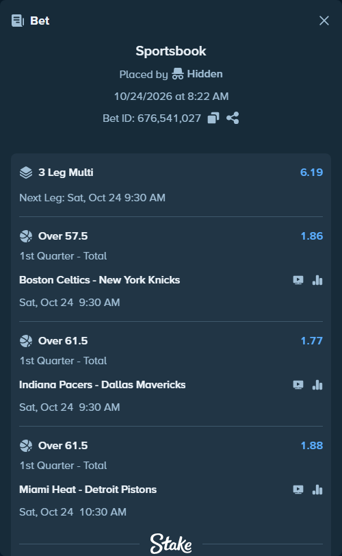 Bet slip: Boston Celtics - New York Knicks, $13,013.00 stake at 1.86 odds, placed by Hidden
