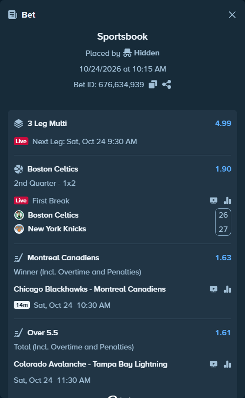 Bet slip: Boston Celtics - New York Knicks, $16,902.00 stake at 1.90 odds, placed by Hidden