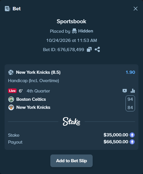 Bet slip: Boston Celtics - New York Knicks, $35,073.49 stake at 1.90 odds, placed by Jollysea