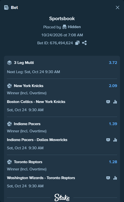 Bet slip: Boston Celtics - New York Knicks, $35,696.90 stake at 2.09 odds, placed by FencerGG