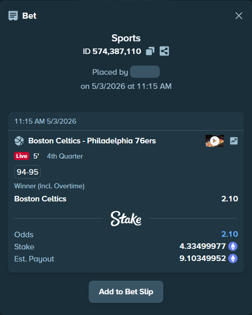 Bet slip: Boston Celtics - Philadelphia 76ers, $7,525.73 stake at 2.10 odds, placed by AustinAlgamus