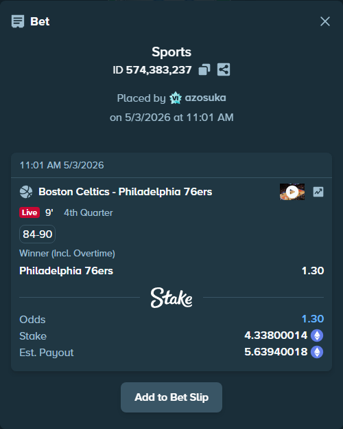 Bet slip: Boston Celtics - Philadelphia 76ers, $7,530.94 stake at 1.30 odds, placed by azosuka