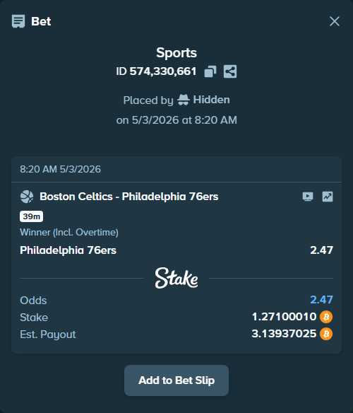 Bet slip: Boston Celtics - Philadelphia 76ers, $81,702.43 stake at 2.47 odds, placed by Hidden