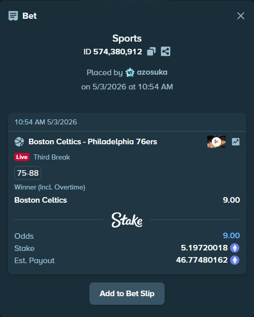 Bet slip: Boston Celtics - Philadelphia 76ers, $9,022.55 stake at 9.00 odds, placed by azosuka
