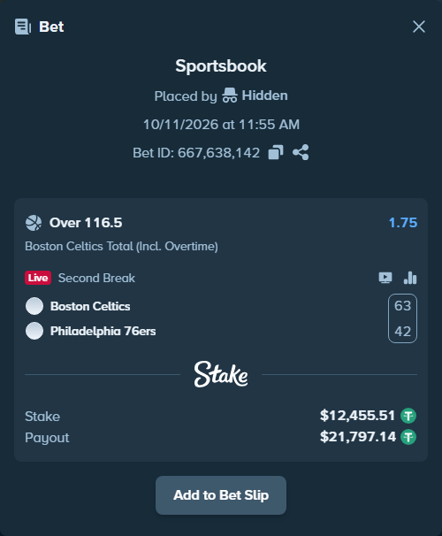 Bet slip: Boston Celtics - Philadelphia 76ers, $12,467.96 stake at 1.75 odds, placed by Theketkitkitty